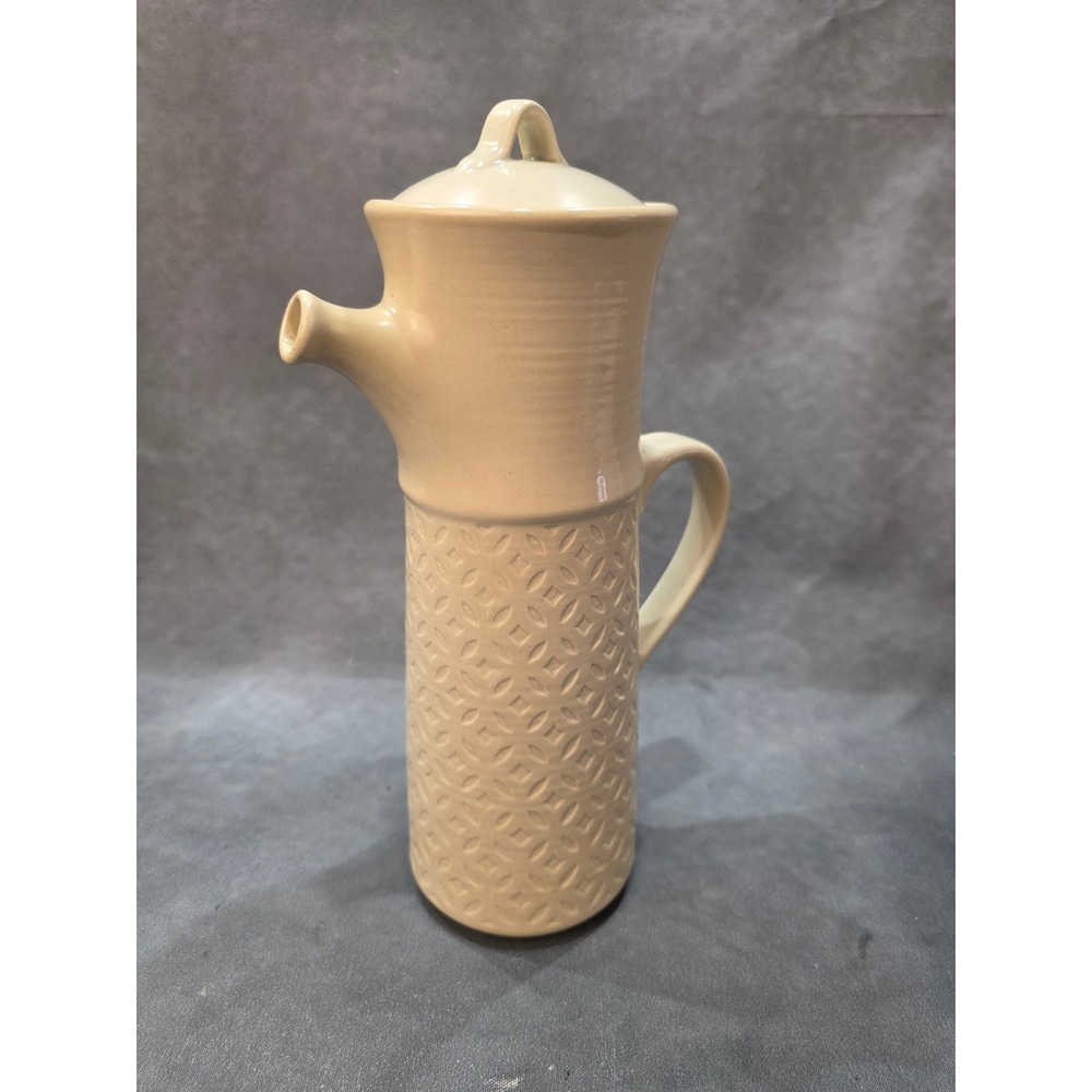 Handmade Studio Pottery Ceramic Pitcher with Lid Cream Geometric Embossed 13.5in
